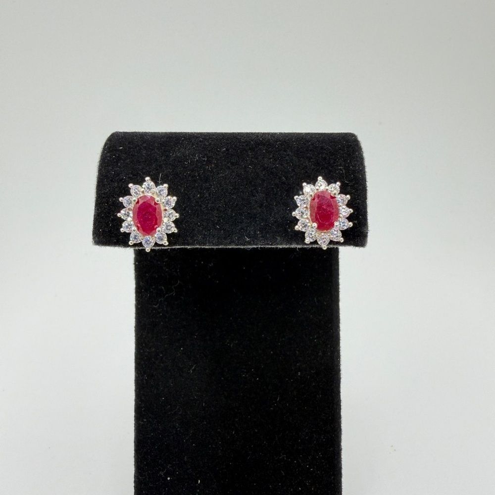 NWOT 5x7mm oval cut RUBIES w/ halo of cz diamond stud‎ earrings in 925!
